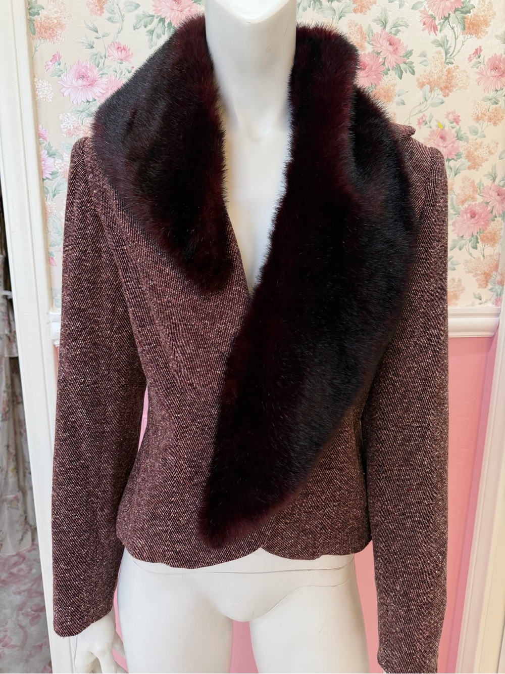 Apt. 9 Burgundy Tweed Sweater Jacket with Faux Fur Shawl Collar